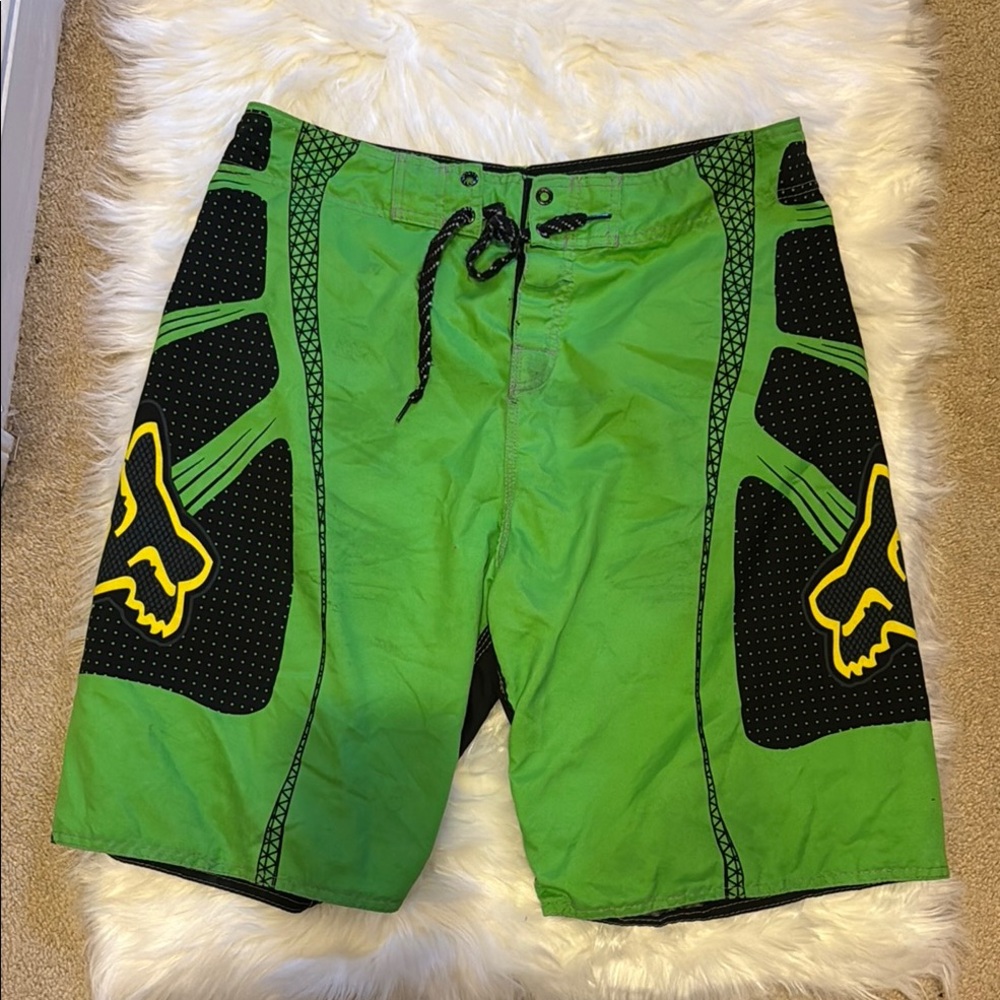 Fox Green and Black Board Shorts with Geometric Design